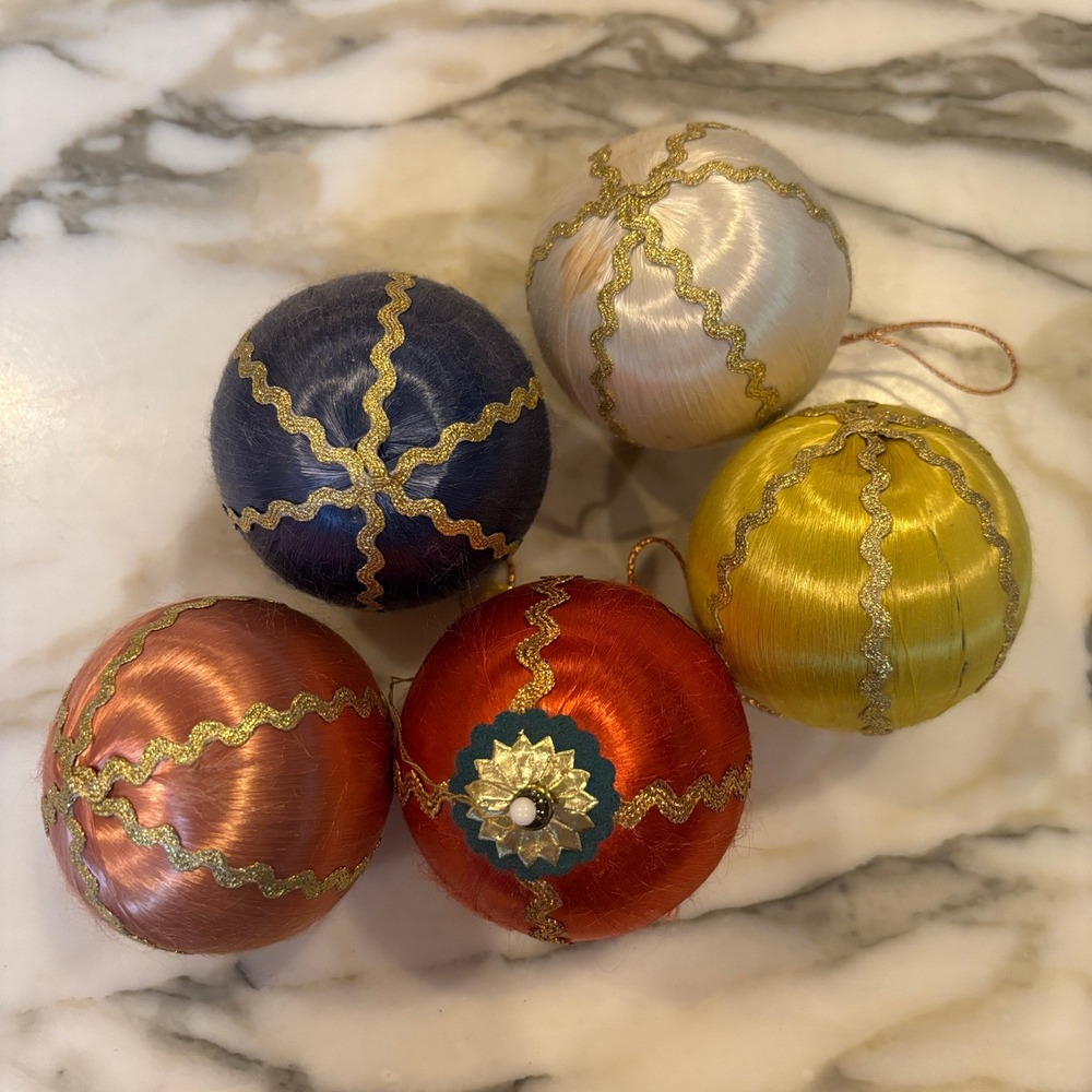 Vintage Satin Thread Rickrack Trim Christmas Ornaments 5pc Multicolor